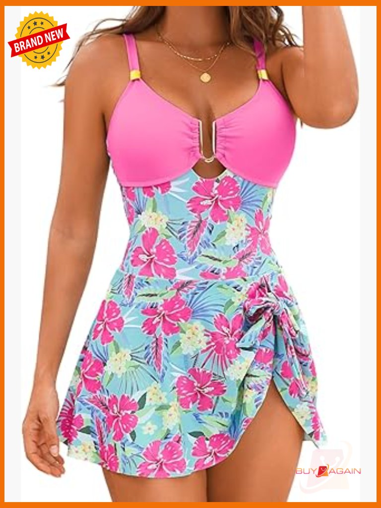 Tropical Print One Piece Swim Dress With Skirt - Adjustable Straps, Full